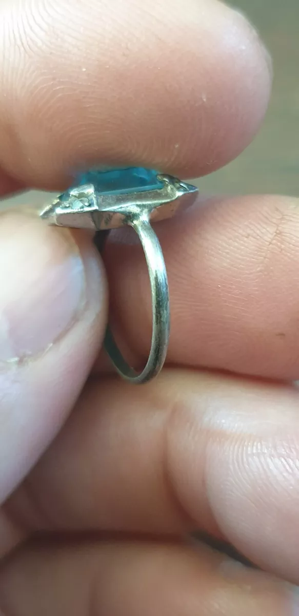 BAGUE ANCIENNE AIGUE MARINE ET ARGENT TAILLE 49 MONTURE STYLE ART
