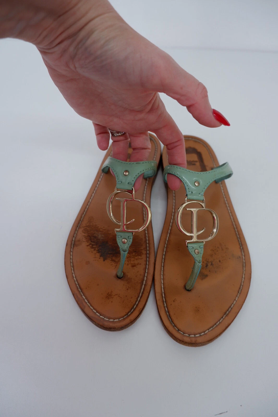 Sandales Christian Dior en cuir vert badge CD doré sandales chaussures pointure 39 uk 6 Gc