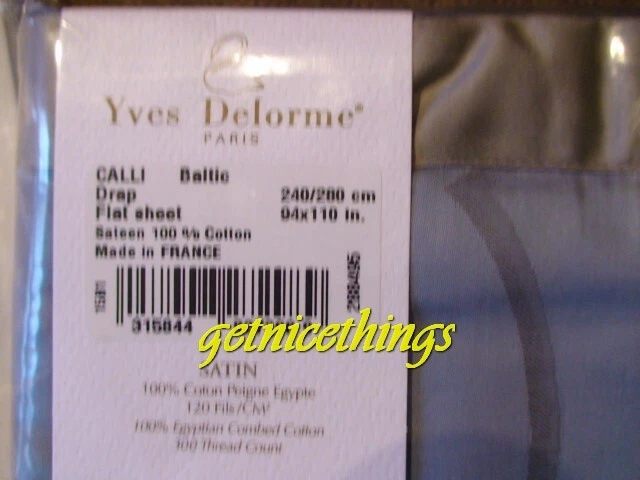 $460 Yves Delorme Queen Sábana Plana Pergamino Azul Báltico Platino Gris Satén Francia Foto 3 de 4