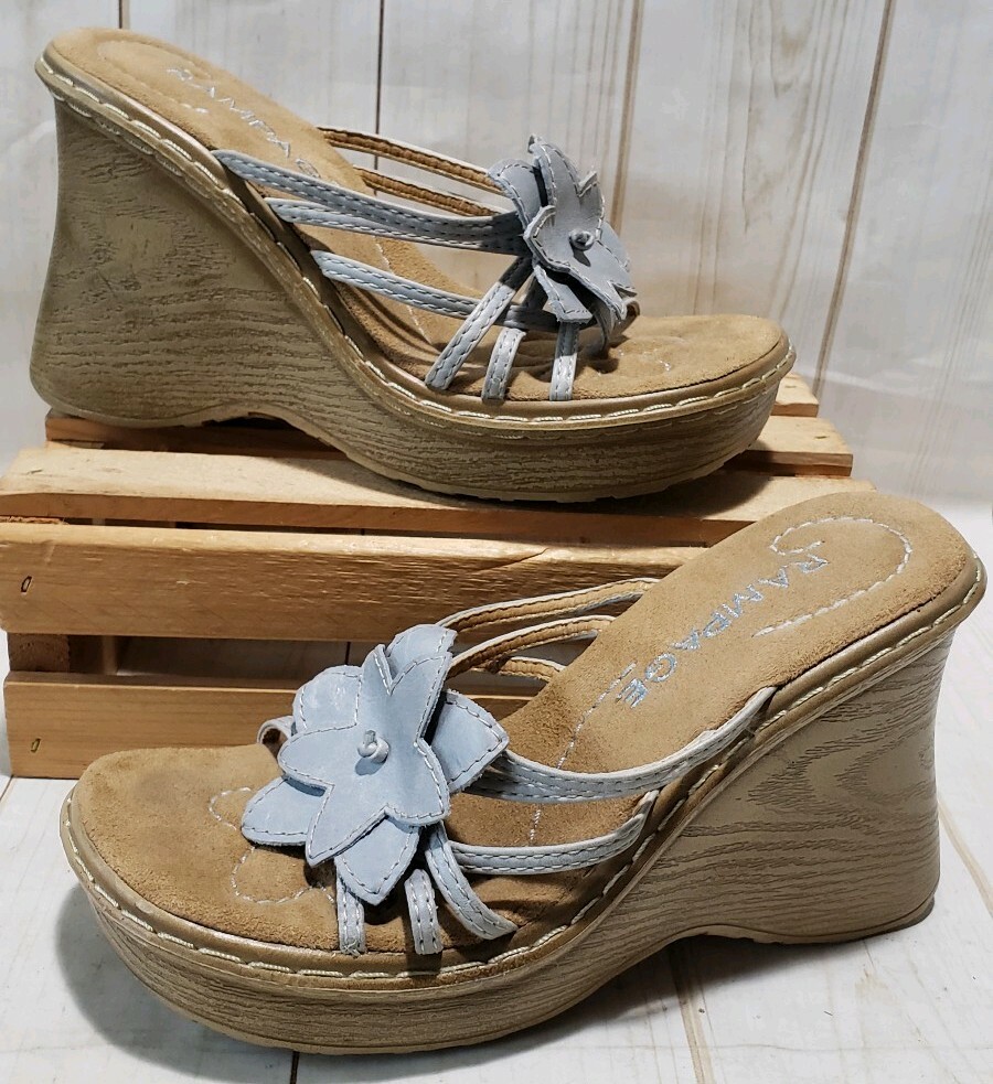 Rampage Dustee Lite Blue Flower Strappy Wedge Slider Sandals Women Sz  M