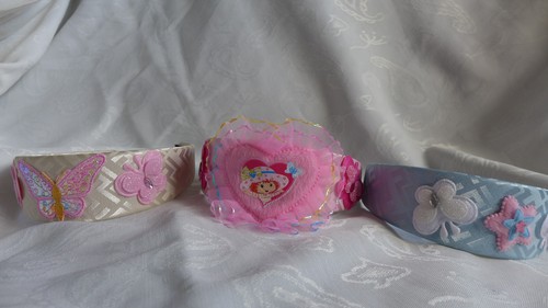 SET OF 3 FABRIC HANDMADE HEADBAND FOR GIRLS PINK BLUE CREAM WITH EMBELLISHMENTS - Picture 6 of 12