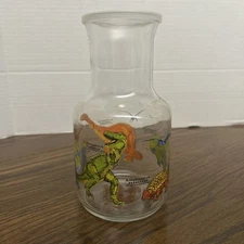Dinosaur Glass Pitcher  Carafe 1980s 3.5" x 9" With Lid Canada Vintage