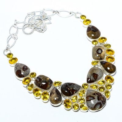 Colus Fossil & Citrine 925 Sterling Silver Jewelry Necklace 17.99'' T38