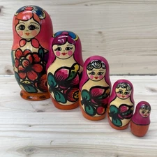Russian Nesting Doll 5 Piece Set Floral Vintage Folk Art Pink Wooden 5.5" Tall