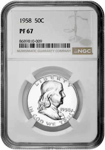 1958 50C Proof Silver Franklin Half Dollar NGC Graded PF 67 in New Holder