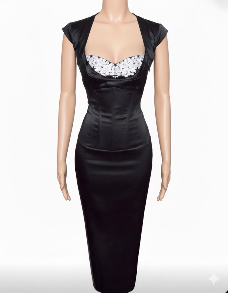 Karen Millen Black Satin Jeweled Corset Pencil Dress Size 4 Karen Millen Black Satin Jeweled Corset Pencil Dress Size 4
