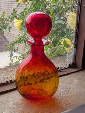 Blenko 715 Amberina Tangerine Joel Myers Bubble Decanter Bubble Stopper 9in