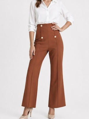 Womens Kazo Brown Flared Trousers XS High Waist Button Detail Stretch Pants Chic