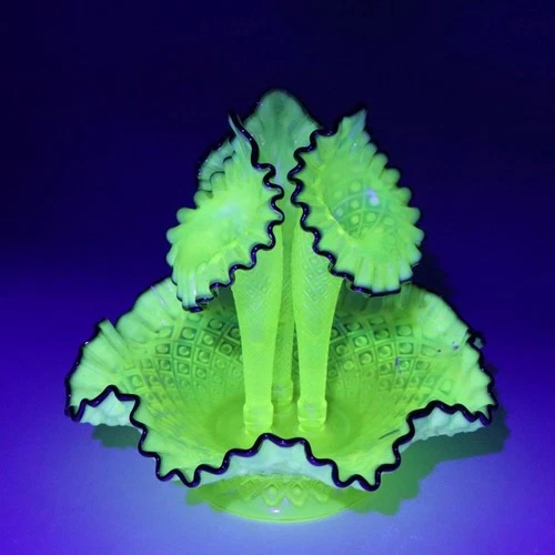 Fenton Art Glass Green Uranium Black Crest Epergne - 3 Trumpets - 12 inches