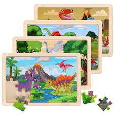 Wooden Dinosaur Puzzles Educational Brain Teaser 4 Pcs 20 Piece Kids Age 3 6