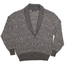 Thane Cardigan Sweater Mens L Gray Abstract Wool Blend Vintage 1980s Made in USA