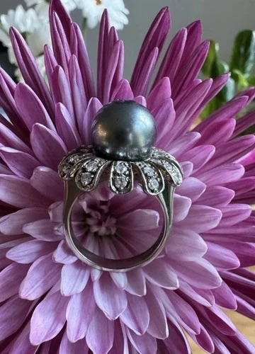 Vintage 925 Sterling silver Flower Ring DBJ Zirconia Pearl Size US 7.5