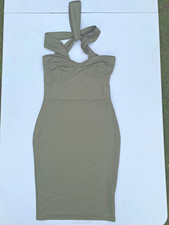 boohoo Khaki Halter Neck Bodycon Knee Length Dress UK 8 Jersey Stretch