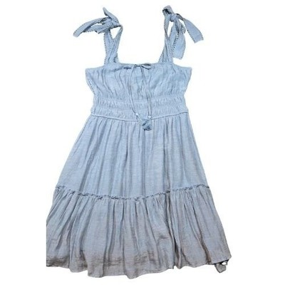 Boho Blue M Smocked Waist Tie Shoulder Tiered Ruffle Mini Sun Dress Women