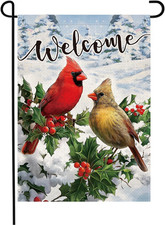 Welcome Winter Garden Flag 12x18 Inch Double Sided Burlap Red Cardinal Bird Holl