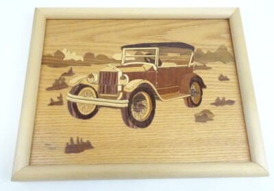 Model T Car Wood Inlay Panel Puzzle Art Picture Marquetry 10 x 13 Ben Holm USA