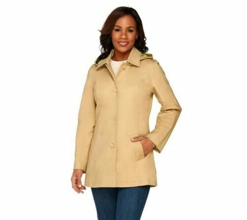Isaac Mizrahi Live Women's Button Front Hooded Rain Coat, Tan/Sand Size 6