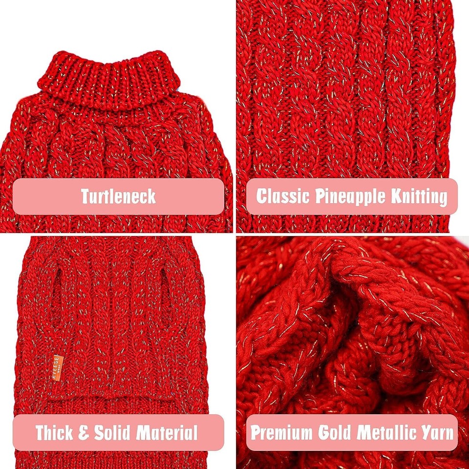 KYEESE Christmas Dog Sweaters with Golden Thread Turtleneck Dog Sweater