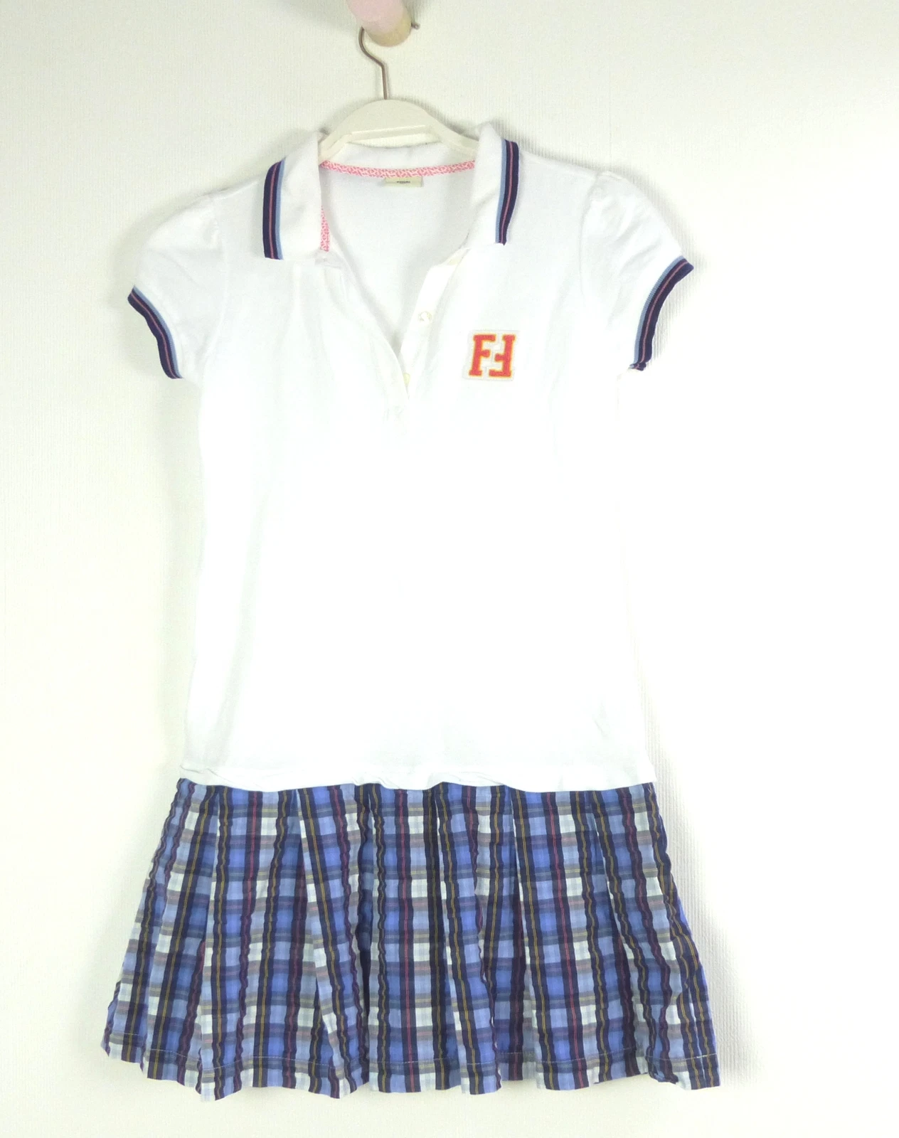 FENDI Vestito polo bambina a quadri blu bianco taglia 10 140 (W120)