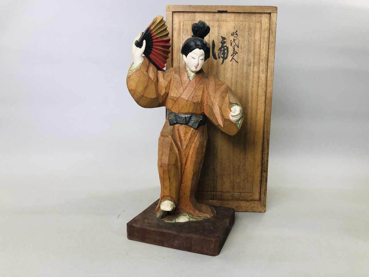 Y5885 STATUE wood carving colored dancing figure signed box