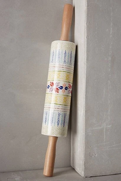 Anthropologie Rolling Pin POLAR GAZE Ceramic Winter Holiday Folk Snowflake NWT