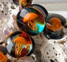 PAIR Floating Orange Jellyfish Pyrex Glass Double Flare Plugs Tunnel Gauges