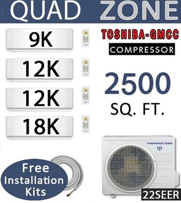 51000 BTU Quad Zone Mini Split Ductless Air Conditioner 9000, 12000 x 2, 18000