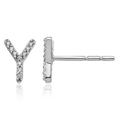 14K Solid White Gold 0.06 ct Diamond Large Letter Y Initial Stud Earrings 7mm