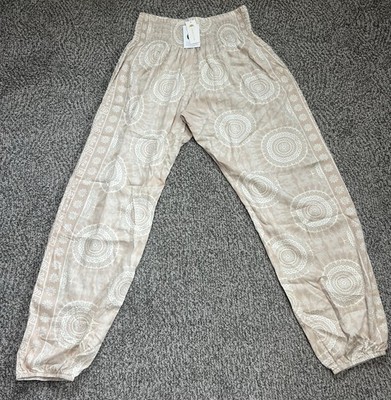 NWT Lotus and Luna Harem Pants Women's M Beige Floral Mandala Boho Smocked Waist