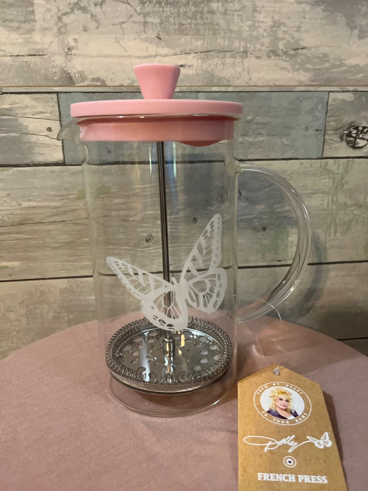 DOLLY PARTON Coffee French Press Glass Pink Butterfly NEW