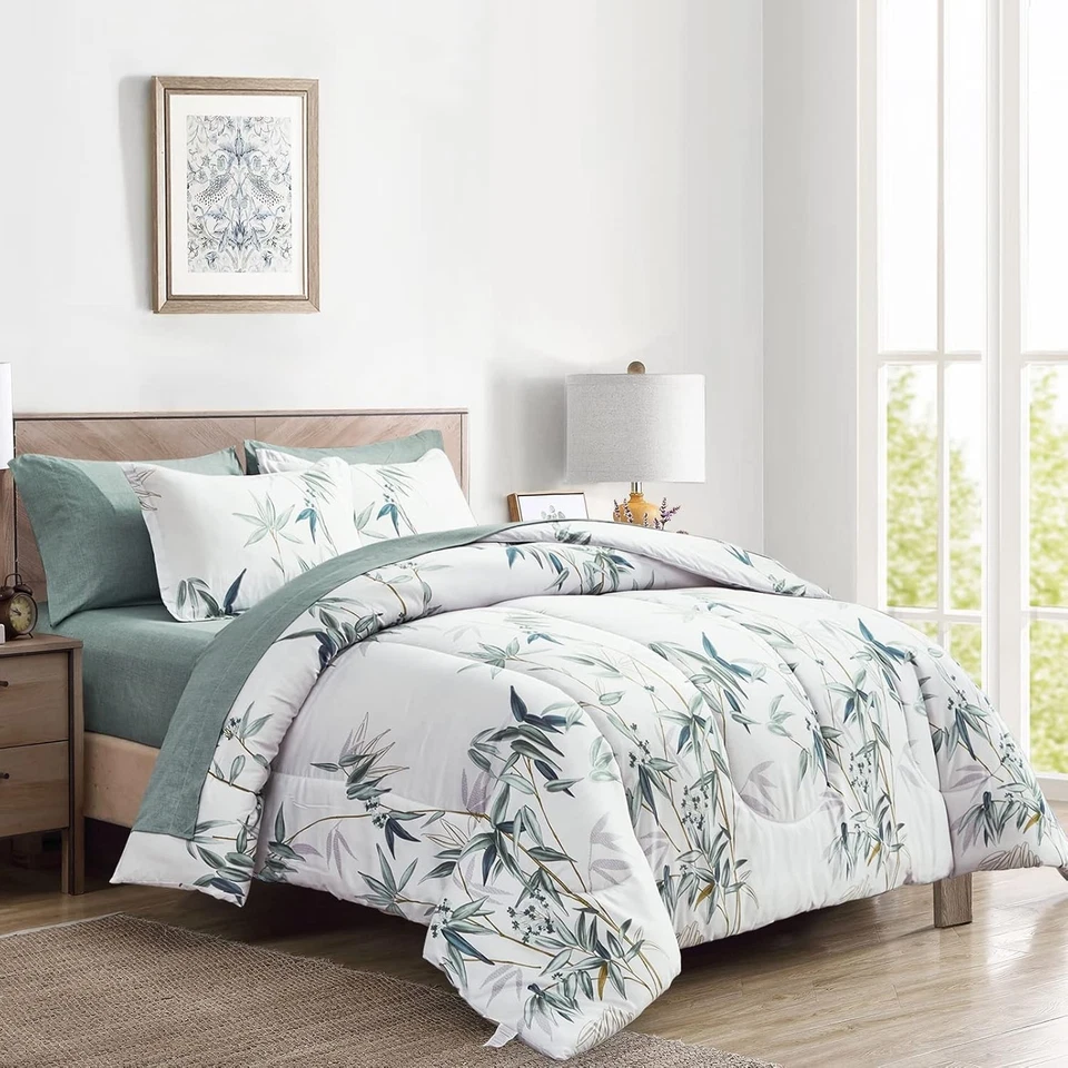 Conjunto de edredom queen 7 peças cama em um saco com lençóis, folhas verdes no branco - Imagem 2 de 4