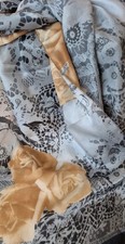 Berkshire Gold Roses/Black/Silver Polyester Scarf / Made in Italy / 60 x 13 in