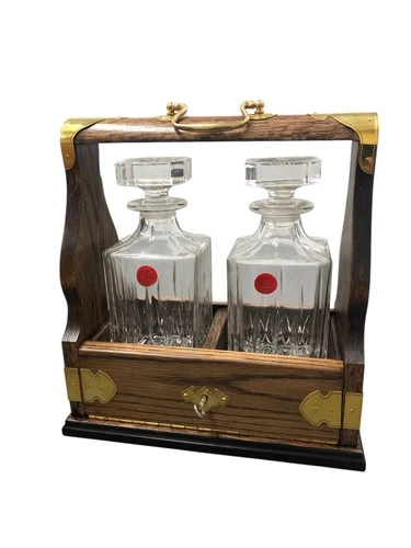 Tantalus Solid Oak Brass 2 Bottle RCR Pressed Crystal
