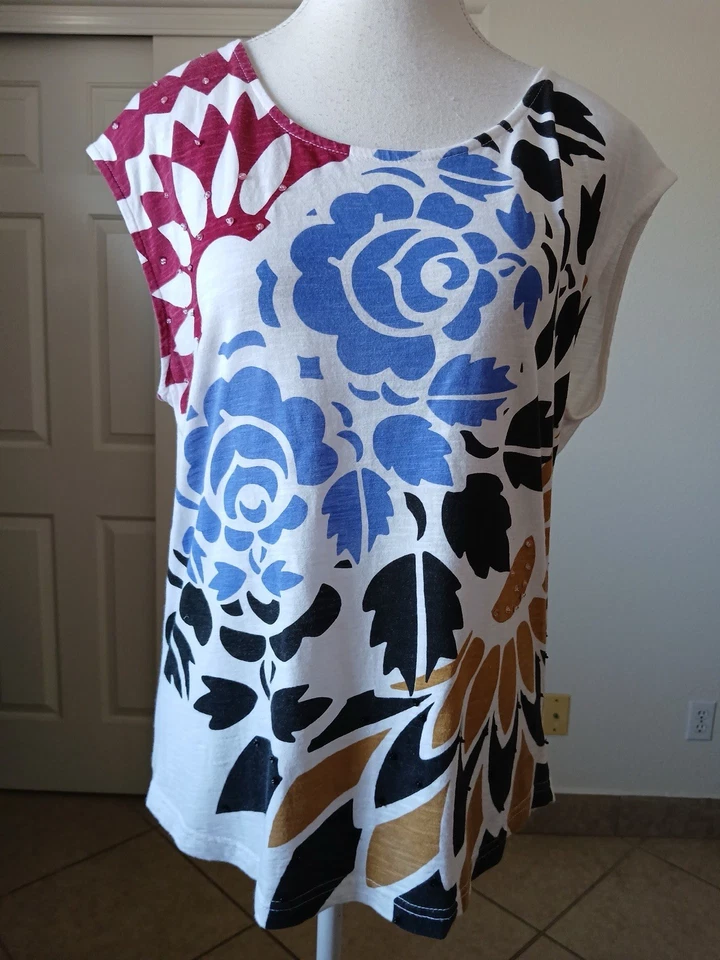 Desigual 女式衬衫上衣白色多色亮片无袖中号艺术 — 第 2/4 张图片