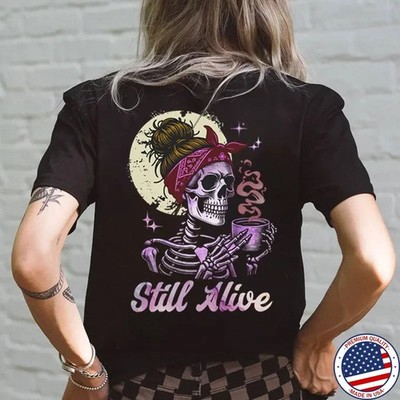 STILL ALIVE Skeleton Lady&Coffee Print Women's T-shirt