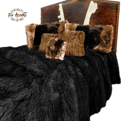 Couverture de lit king size, noire en fausse fourrure, douce, peluche, luxe, faite à la main USA - Photo 1 sur 6