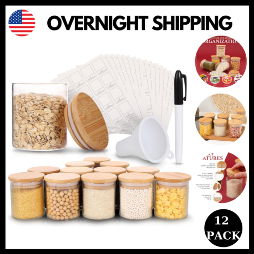 Set of 12 Glass Food Storage Containers Jars with Bamboo Lids for Kitchen 6 oz