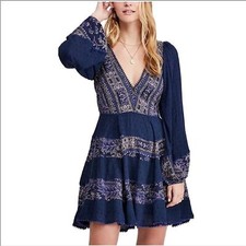 Free People LARGE My Love Mini Dress blue v neck OB1005020