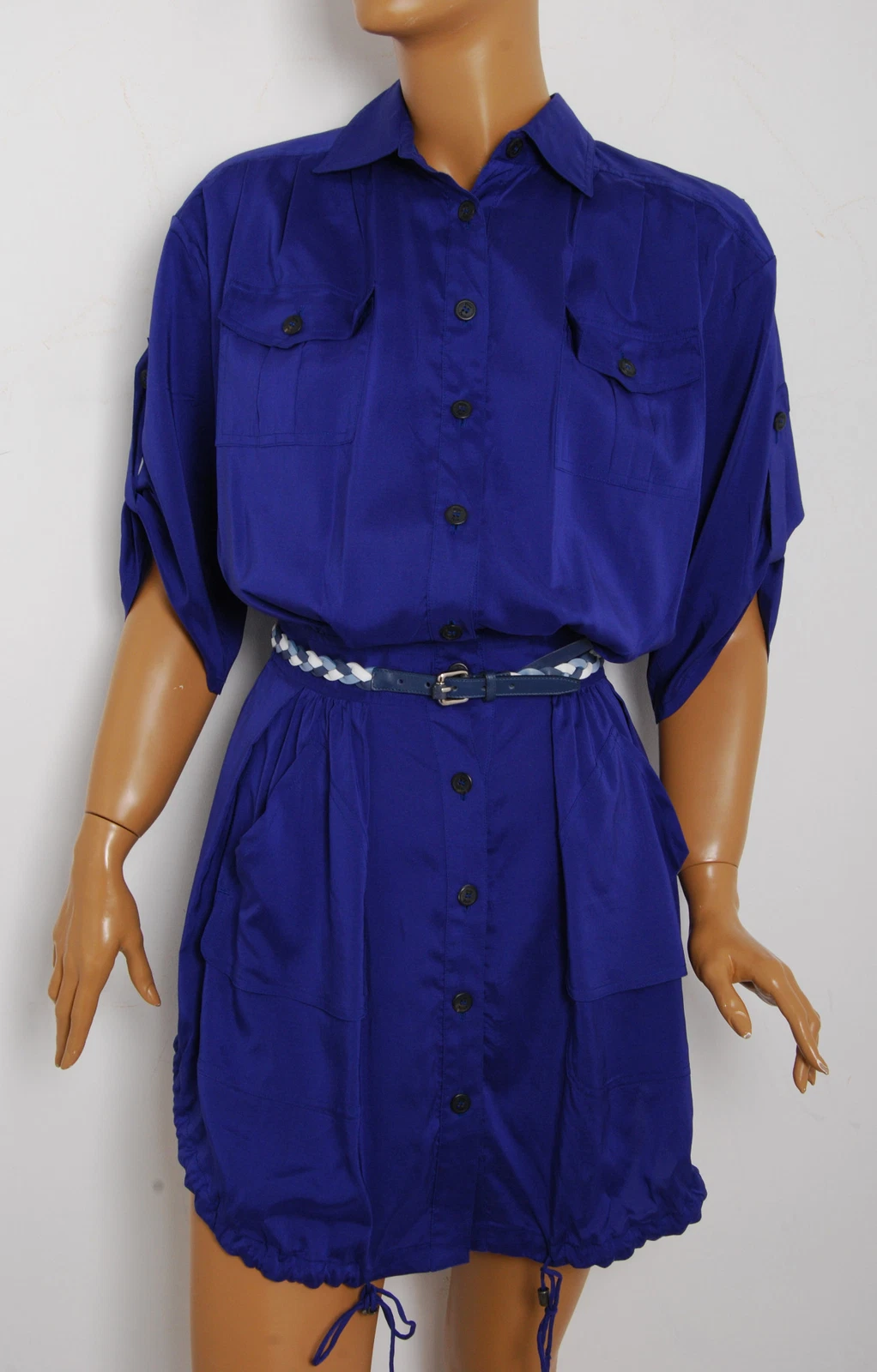 Robe bleue femme Christian Dior 100 % soie boutons ceinture mini enveloppement bodycon FR 34