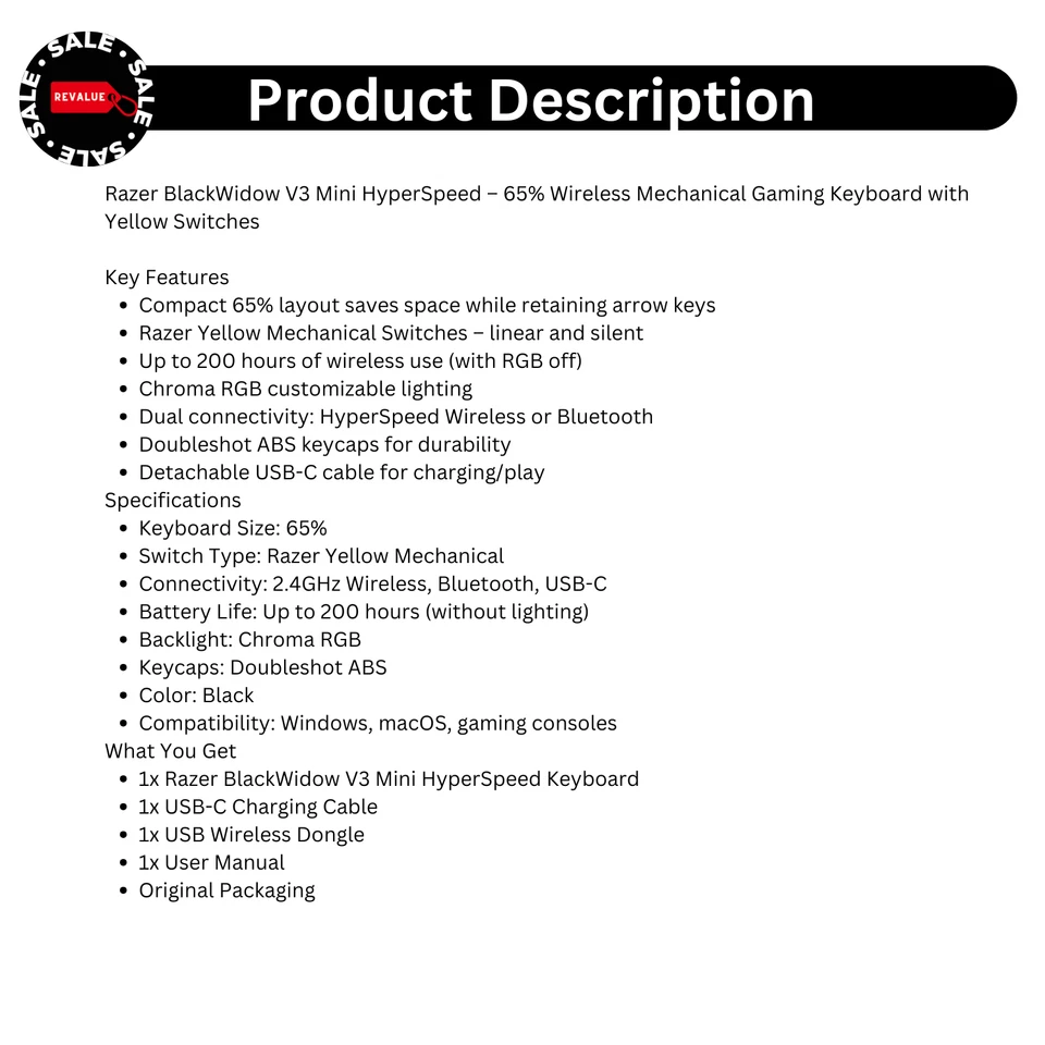 Razer BlackWidow V3 Mini HyperSpeed – 65% Wireless RGB Keyboard, Yellow Switches - Image 2 of 4