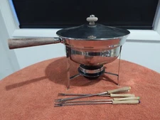 Vintage Mid Century Stainless Fondue Set Wood Handle & Knobs with Five Forks