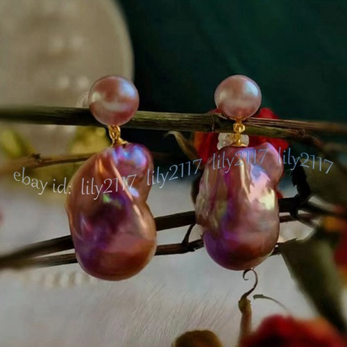 HUGE REAL NATURAL PURPLE KESHI BAROQUE PEARL DANGLE GOLD STUD EARRINGS AAA - Picture 7 of 8