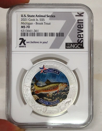 2021 Cook Islands Silver $5 Brook Trout US State Animal Series MS 70 NGC Nice!