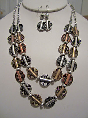 Two Layers Tri Tone Circle Bead Silver Tone Link Necklace Earring Set