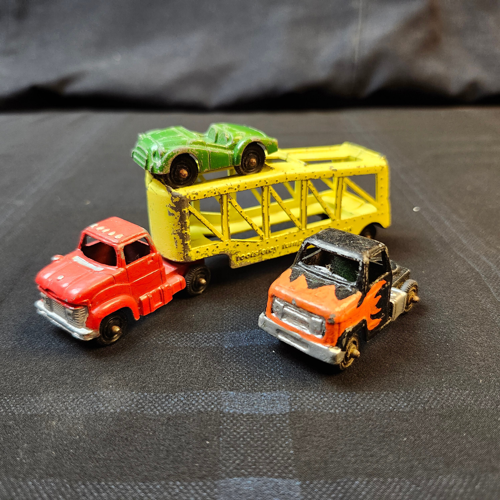 Vintage 1960's Tootsietoy Semi Trucks & Yellow Car Transport Trailer w/ 1 Car-image