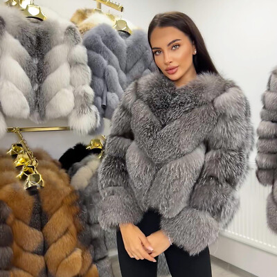 Women Real Silver Fox Fur Coat Full Pelt Short Jacket Fashion