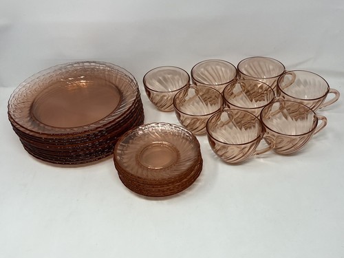 Vintage Arcoroc Durand Rosaline 28-teiliges Hostess Set rosa Wirbel Frankreich OVP - Bild 6 von 7