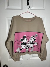 Disney Mickey Minnie Mouse Graphic Print Cropped Sweatshirt M Beige Pink