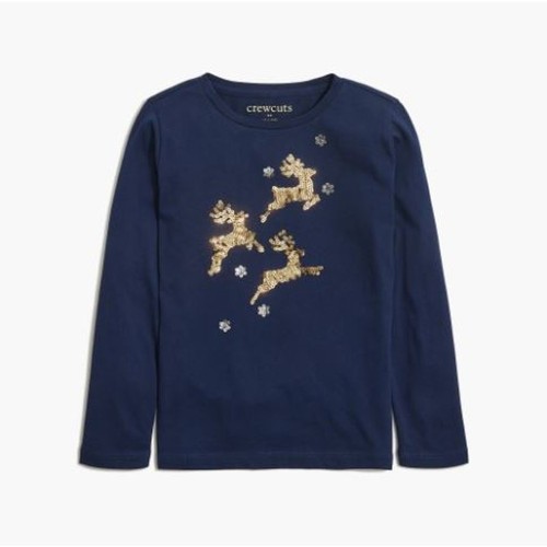 J. Crew Factory Girls' Long-Sleeve Sequin Reindeer Graphic Tee CD706 Navy M NWT