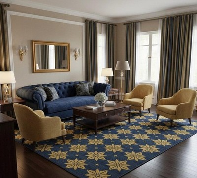 Hand Knotted Blue & Mustard Geometric Wool Area Rug For Bedroom